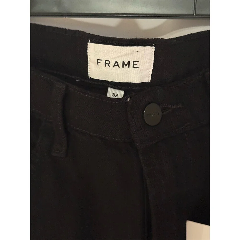 FRAME The Straight Baggy Jeans Womens Size 32 Black Wide-Leg Raw Hem